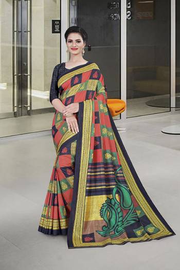 Look Attractive Wearing This English Colored Saree Paired With Matching Colored Blouse.  This Heavy Designer Printed Saree Is Synthetic Cotton Based Which Gives A Rich Look To Your Personality. Buy This Pretty Saree Now.