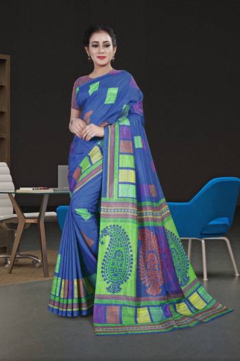 Look Attractive Wearing This English Colored Saree Paired With Matching Colored Blouse.  This Heavy Designer Printed Saree Is Synthetic Cotton Based Which Gives A Rich Look To Your Personality. Buy This Pretty Saree Now.