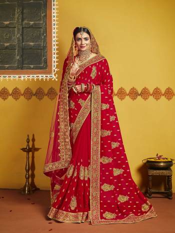 Grab This Pretty Elegant Looking Designer Saree In Red Color Paired With Contrasting Red Colored Blouse. This Saree And Blouse Are Silk Based Beautified With Heavy Jari Embroidery & Embroidery Border. Buy Now.