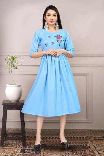 Grab This Readymade Long Kurti In Fine Color Fabricated On Pure Ruby Slub Cotton Beautified With Neck Embroidery Work. It Is Light In Weight And Easy To Carry All Day Long. 