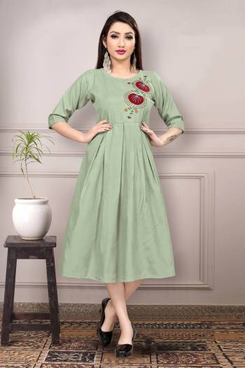 Grab This Readymade Long Kurti In Fine Color Fabricated On Pure Ruby Slub Cotton Beautified With Neck Embroidery Work. It Is Light In Weight And Easy To Carry All Day Long. 