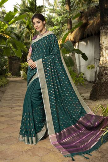 Look Attractive Wearing This Saree Paired With Contras Colored Blouse.  This Heavy Designer Saree Is Linen Silk Based Which Gives A Rich Look To Your Personality. Buy This Pretty Saree Now.
