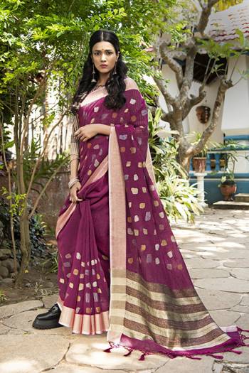 Look Attractive Wearing This Saree Paired With Contras Colored Blouse.  This Heavy Designer Saree Is Linen Silk Based Which Gives A Rich Look To Your Personality. Buy This Pretty Saree Now.