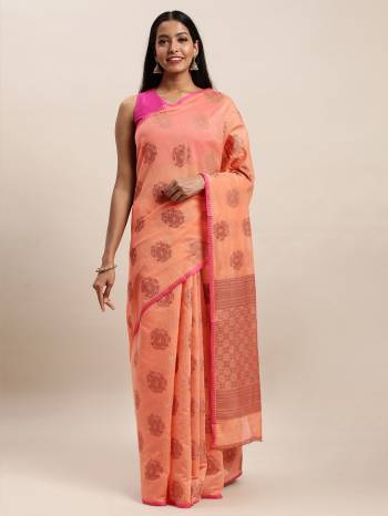 Celebrate This Festive Season In This Very Pretty Handloom Woven Designer Saree Paired With Contrasting Blouse. This Saree and Blouse Are Handloom Cotton Based Woven Design Beautified Saree. 