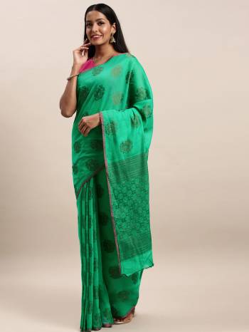 Celebrate This Festive Season In This Very Pretty Handloom Woven Designer Saree Paired With Contrasting Blouse. This Saree and Blouse Are Handloom Cotton Based Woven Design Beautified Saree. 