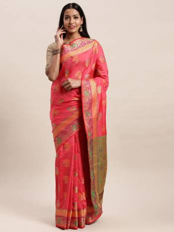 Look Attractive Wearing This Saree Paired With Blouse.  This Heavy Designer Saree Is Banarsi Silk Based With Jacquard WovenWhich Gives A Rich Look To Your Personality. Buy This Pretty Saree Now.