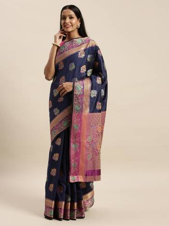 Look Attractive Wearing This Saree Paired With Blouse.  This Heavy Designer Saree Is Banarsi Silk Based With Jacquard WovenWhich Gives A Rich Look To Your Personality. Buy This Pretty Saree Now.