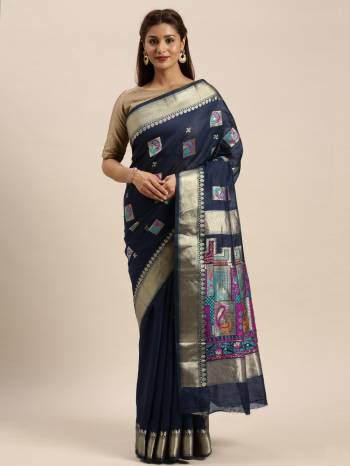 Look Attractive Wearing This Wevon Saree Paired With Maching Colored Blouse.  This Heavy Designer Saree Is Chanderi Cotton Based Which Gives A Rich Look To Your Personality. Buy This Pretty Saree Now.