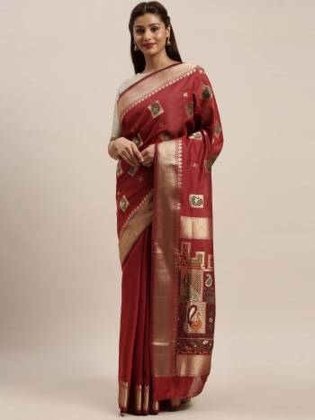 Look Attractive Wearing This Wevon Saree Paired With Maching Colored Blouse.  This Heavy Designer Saree Is Chanderi Cotton Based Which Gives A Rich Look To Your Personality. Buy This Pretty Saree Now.