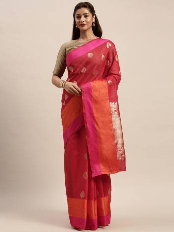 Celebrate This Festive Season In This Very Pretty Colored Designer Saree Paired With Contrasting Colored Blouse. This Saree and Blouse Are Linen Silk Based Beautified With Detailed Wevon Design. 