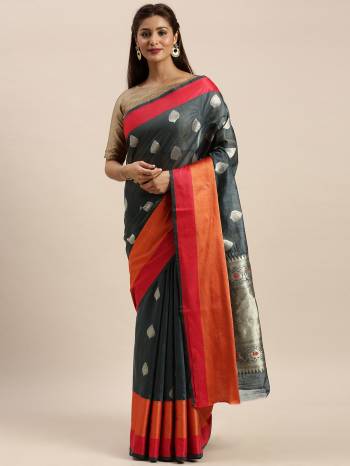 Celebrate This Festive Season In This Very Pretty Colored Designer Saree Paired With Contrasting Colored Blouse. This Saree and Blouse Are Linen Silk Based Beautified With Detailed Wevon Design. 