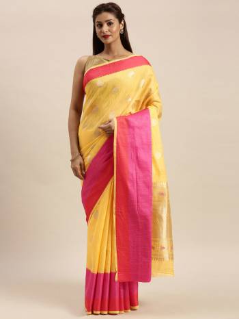 Celebrate This Festive Season In This Very Pretty Colored Designer Saree Paired With Contrasting Colored Blouse. This Saree and Blouse Are Linen Silk Based Beautified With Detailed Wevon Design. 