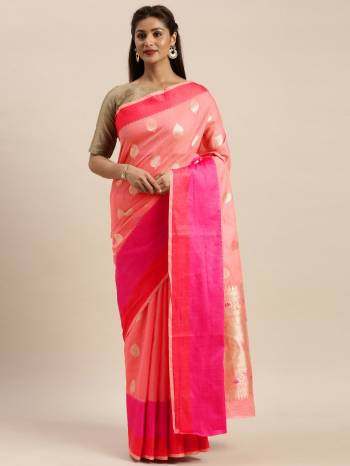 Celebrate This Festive Season In This Very Pretty Colored Designer Saree Paired With Contrasting Colored Blouse. This Saree and Blouse Are Linen Silk Based Beautified With Detailed Wevon Design. 