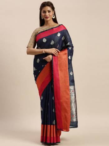 Celebrate This Festive Season In This Very Pretty Colored Designer Saree Paired With Contrasting Colored Blouse. This Saree and Blouse Are Linen Silk Based Beautified With Detailed Wevon Design. 