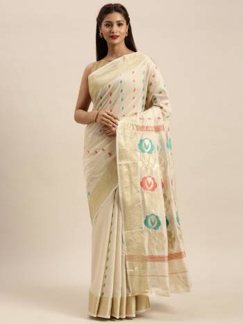 Look Attractive Wearing This White Colored Saree Paired With Pink Base Colored Blouse.  This Heavy Designer Saree Is Cotton Based Wevon Design Which Gives A Rich Look To Your Personality. Buy This Pretty Saree Now.