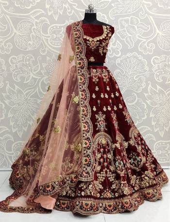 Heavy Designer Lehenga Choli In Dark Color Fabricated On Heavy Velvet  And Dupatta Fabricated On Heavy Bridel Net With Heavy Attractive Embroidery And Diamond. 