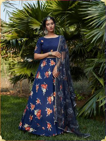 Heavy Designer Lehenga Crepe Silk Or Cotton Fabricated Printed, Choli In Cotton Or Viscose Cotton With Thread, Sequaince Embroidery, Dupatta In Net Fabricated On  Beautified With Attractive Embroidery. 