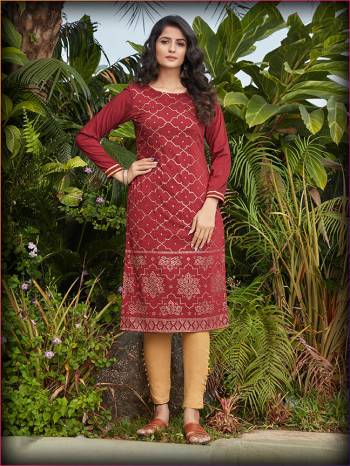 Grab This Readymade Long Kurti In Fine Color Fabricated On Silky Cotton Beautified With Mukaish Work. It Is Light In Weight And Easy To Carry All Day Long. 