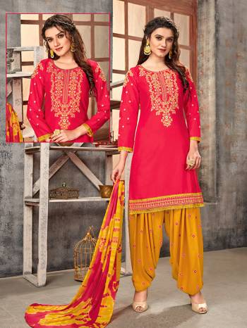 Rich And Elegant Looking Designer Patiala Suit Is Here In Fine Colored Top Paired With Maching Colored Bottom And Dupatta. Its Top Is Fabricated On Glaze Cotton Paired With Cotton Bottom And Naznin Fabricated Dupatta. Buy This Lovely Suit Now. 

