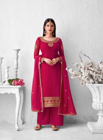 Look Pretty This Designer Floor Length Suit In Lovely  Color.?Its Pretty Embroidred Top Is Faux Georgette Based Paired With Santoon Bottom And Faux Georgette Fabricated Embroidered Dupatta Which Gives An Attractive To The Suit.