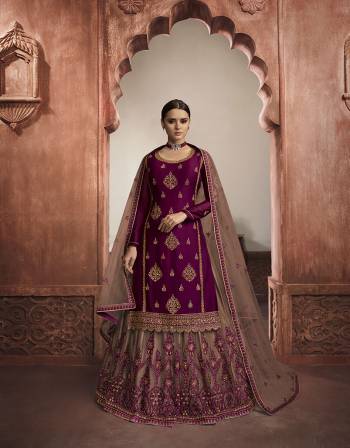 Beautiful looks in this Wine COLOR fabric Rangoli georgette with inner  and GHARARA semi stiched type and bottom chudidar style suit with embroidered floral patterns on the yoke and sleeves. Comes with matching net dupatta