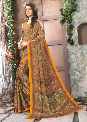 Celebrate This Festive Season In This Very Nyce Colored Saree Paired with Maching Blouse. This Saree and Blouse Are Crepe Silk Based Beautified With Detailed Fancy Print Saree. 