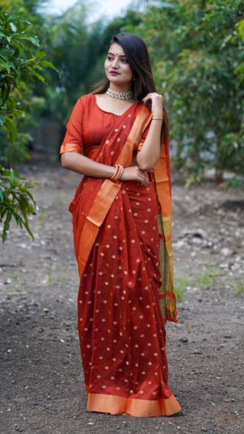 Look Attractive Wearing This Fine Colored Saree Paired With Maching Colored Blouse.  This Heavy Designer Saree Is Cotton Silk Based Weving Jacquard Butti Design Which Gives A Rich Look To Your Personality. Buy This Pretty Saree Now.