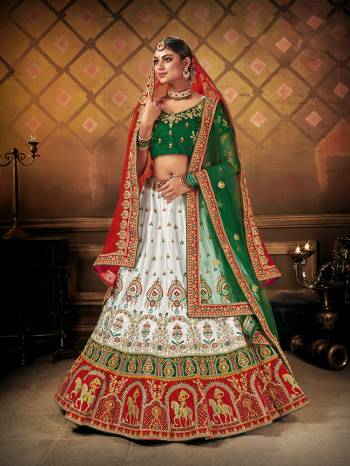 Heavy Designer Lehenga Choli In Bridal Color Fabricated On Malai Satin Silk Beautified With Heavy Attractive Embroidery And Diamond Touch Up Work & Net Dupatta.Wedding Bridal Collection. 