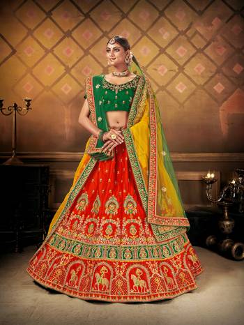 Heavy Designer Lehenga Choli In Bridal Color Fabricated On Malai Satin Silk Beautified With Heavy Attractive Embroidery And Diamond Touch Up Work & Net Dupatta.Wedding Bridal Collection. 