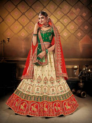 Heavy Designer Lehenga Choli In Bridal Color Fabricated On Malai Satin Silk Beautified With Heavy Attractive Embroidery And Diamond Touch Up Work & Net Dupatta.Wedding Bridal Collection. 