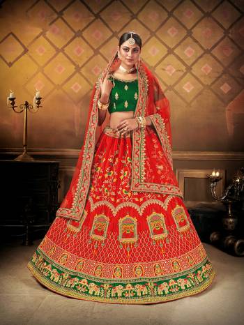 Heavy Designer Lehenga Choli In Bridal Color Fabricated On Malai Satin Silk Beautified With Heavy Attractive Embroidery And Diamond Touch Up Work & Net Dupatta.Wedding Bridal Collection. 