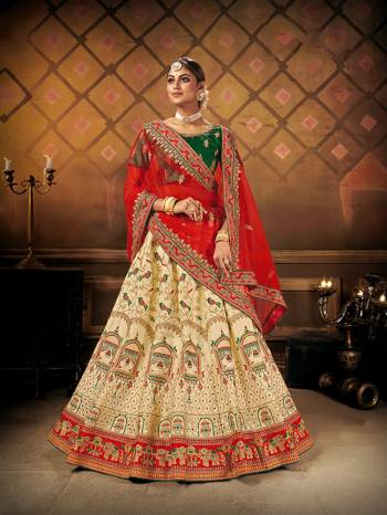 Heavy Designer Lehenga Choli In Bridal Color Fabricated On Malai Satin Silk Beautified With Heavy Attractive Embroidery And Diamond Touch Up Work & Net Dupatta.Wedding Bridal Collection. 