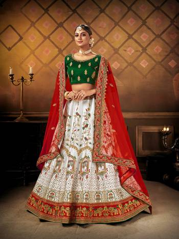 Heavy Designer Lehenga Choli In Bridal Color Fabricated On Malai Satin Silk Beautified With Heavy Attractive Embroidery And Diamond Touch Up Work & Net Dupatta.Wedding Bridal Collection. 