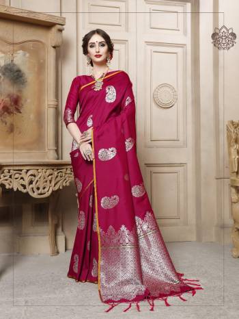 Adorn The Pretty Angelic Look Wearing This Heavy Designer Saree In Rich Color Paired With Contrasting Colored Blouse. This Saree Is Fabricated On Cotton Silk Paired With Cotton Silk Fabricated Blouse With Jacquard Weaving Silver Jari Design. Its Pretty Color Pallete Will Give An Attractive Look To Your Personality. 