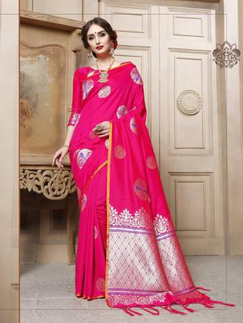 Adorn The Pretty Angelic Look Wearing This Heavy Designer Saree In Rich Color Paired With Contrasting Colored Blouse. This Saree Is Fabricated On Cotton Silk Paired With Cotton Silk Fabricated Blouse With Jacquard Weaving Silver Jari Design. Its Pretty Color Pallete Will Give An Attractive Look To Your Personality. 