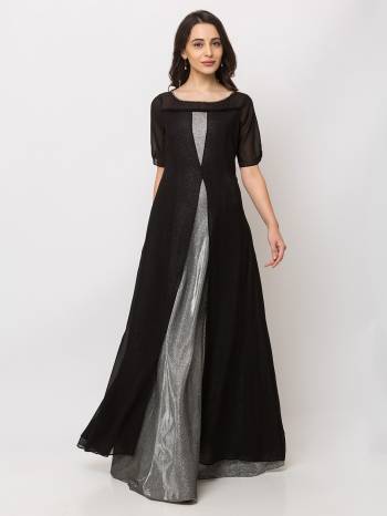 This Floor Length Black Gown  is crafted in Georgette features a  Short Sleeves and  round_neck ,embellishments all over, a zip closure on the side and a regular fit. Style this gown with matching jewellery and pair it with heels to make a statement look.