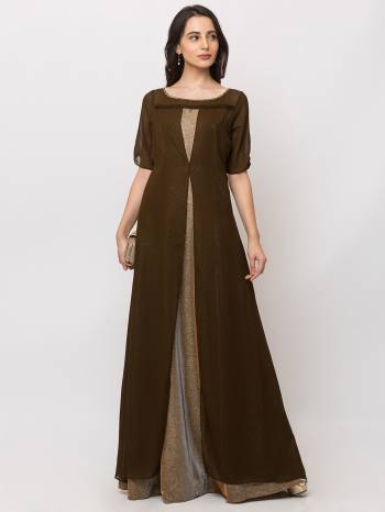 This Floor Length Brown Gown is crafted in Georgette, features a  Short Sleeves and  round_neck ,embellishments all over, a zip closure on the side and a regular fit. Style this gown with matching jewellery and pair it with heels to make a statement look.