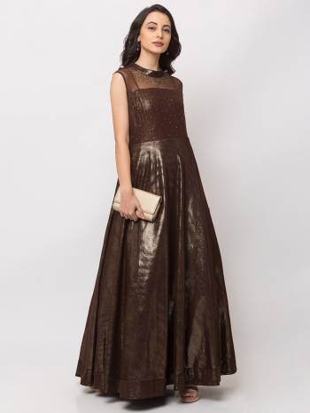 This Floor Length Brown Gown is crafted in  Lycra , features a Sleeveless and  round_neck ,embellishments all over, a zip closure on the side and a regular fit. Style this gown with matching jewellery and pair it with heels to make a statement look.