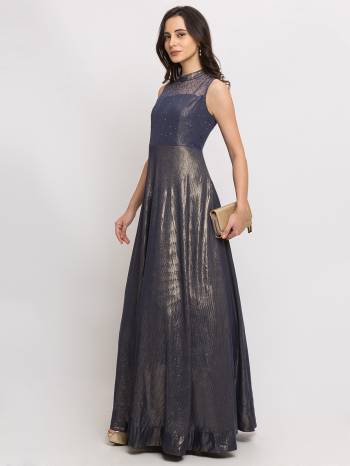 This Floor Length Navy Blue Gown is crafted in  Lycra , features a Sleeveless and  round_neck ,embellishments all over, a zip closure on the side and a regular fit. Style this gown with matching jewellery and pair it with heels to make a statement look.