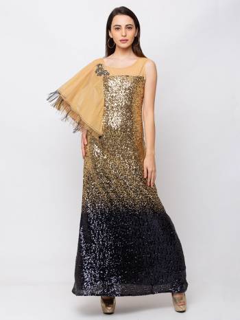 This Floor Length Gold Gown is crafted in Lycra , features a One side Sleeve and  round_neck ,embellishments all over, a zip closure on the side and a regular fit. Style this gown with matching jewellery and pair it with heels to make a statement look.