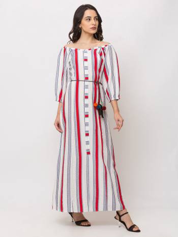 This White Maxi is crafted in Cotton features a Three quarter Sleeves and off-shoulder ,embellishments all over, a zip closure on the side and a regular fit. Style This gown with matching jewellery and pair it with heels to make a statement look.