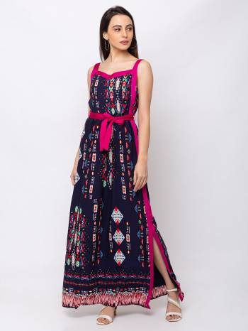 This Navy Blue maxi is crafted in Cotton features a Sleeveless and scoop ,embellishments all over, a zip closure on the side and a regular fit. Style This gown with matching jewellery and pair it with heels to make a statement look.