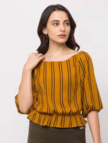 This Mustard Top  Is Crafted In Crepe With NA Pattern.Featuring A boat neck stripes Top.This Top offers a comfortable fit. Style this Top with a matching Jeans and a pair your regular sneakers to attain a casual look.