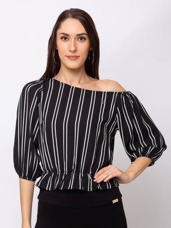 This Black Top Is Crafted In Crepe With NA Pattern.Featuring A boat neck stripes Top.This Top offers a comfortable fit. Style this Top with a matching Jeans and a pair your regular sneakers to attain a casual look.