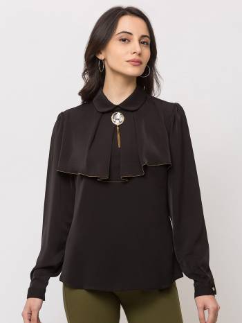 This Black Top Is Crafted In Crepe With Solid Pattern.Featuring A peter pan Solids Top.This Top offers a comfortable fit. Style this Top with a matching Jeans and a pair your regular sneakers to attain a casual look.