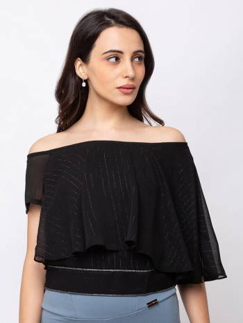 This Black Top  Is Crafted In Chiffon With Solid Pattern.Featuring A -shoulder Solids Top.This Top offers a comfortable fit. Style this Top with a matching Jeans and a pair your regular sneakers to attain a casual look.