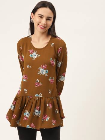 Brown and Pink floral print woven longline A-line top, has a round neck, long sleeves, and button closure.Make heads turn in this top . When you're meeting your friends for coffee, style this brown piece with trim denims and canvas shoes.