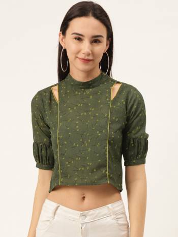 Olive Green and Mustard yellow floral printed woven crop top with cut-out detail, has a high neck, short sleeves, and button closure. you set your style tone for any season. This olive piece is perfect for a day around town under the sun when you put it with tonal shorts and pair of sandals.