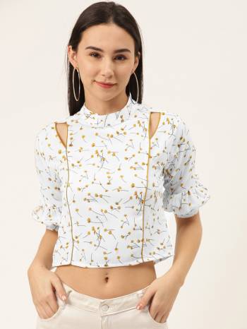 White and Mustard yellow floral printed woven crop top with cut-out detail, has a high neck, short sleeves, and button closure.Boost your personal style with this one-of-a-kind top . Pair this white top with distressed jeans and slip-on sneakers for a lazy weekend outing.