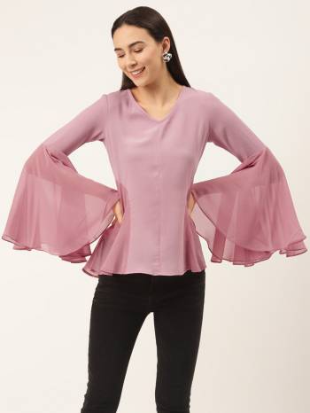 Pink solid woven A-line top, has a V-neck, and long bell sleeves.Kick your personal style up a notch with this high-fashion long-sleeve top. When you're meeting your friends for coffee, style this pink piece with trim denims and canvas shoes.